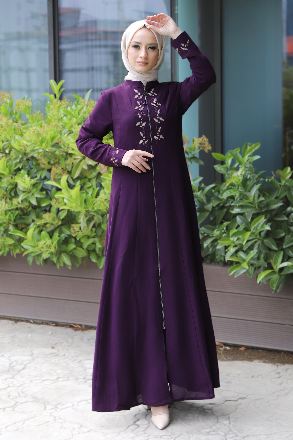 Tesettür Dünyası - Embroidery Hijab Abaya TSD7026 Purple