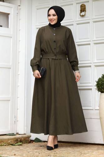 Eteği Cepli Düğmeli Çizgili Etekli Takım TSD240116 Haki - Tesettür Dünyası