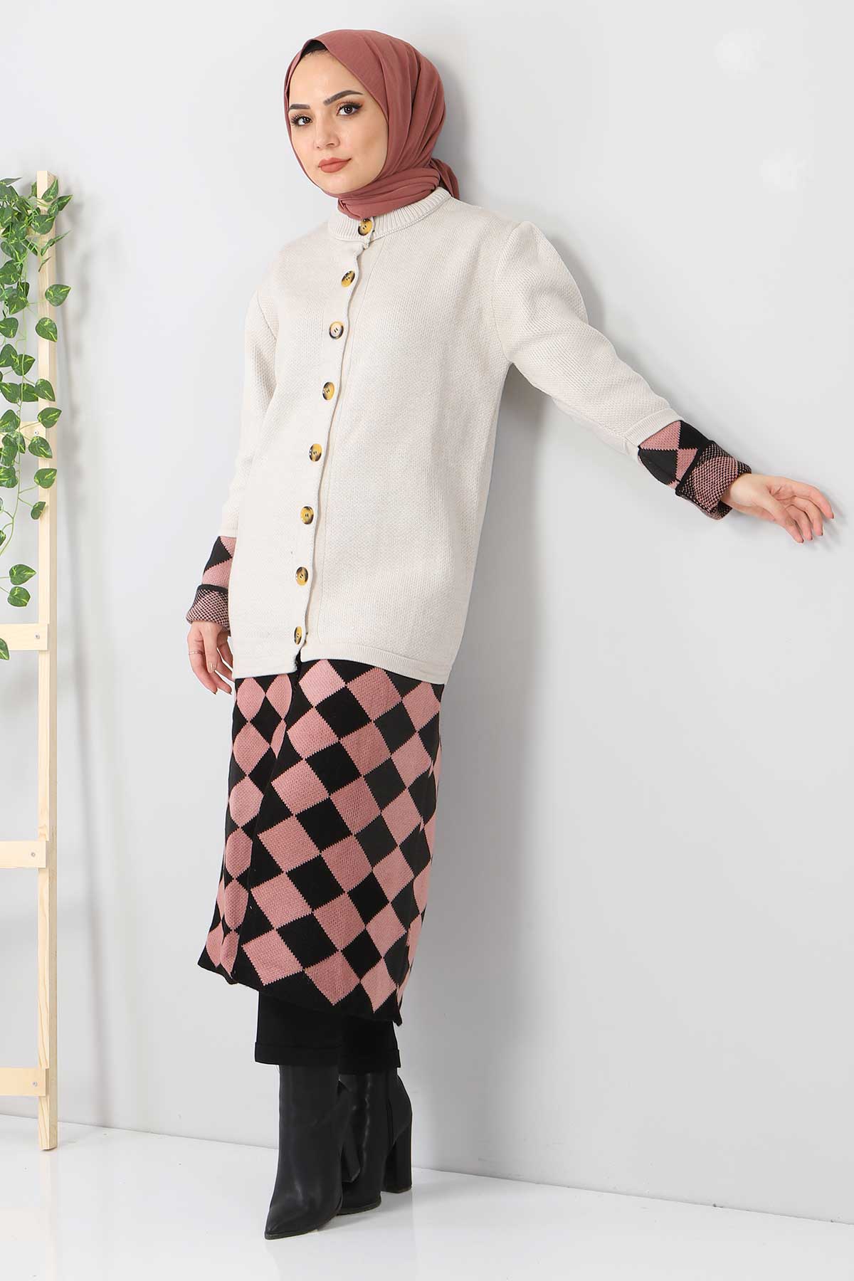 Tesettür Dünyası - Skirt Patterned Knitwear Cardigan TSD2491 Beige