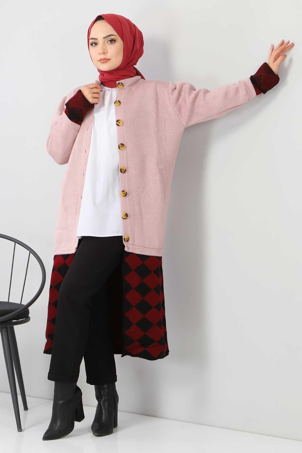 Tesettür Dünyası - Skirt Patterned Knitwear Cardigan TSD2491 Pink