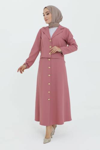 Eteği Düğme Detaylı Ceketli Takım TSD231217 Pudra 