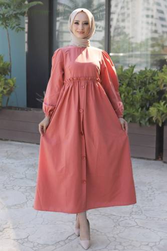 Eteği Düğme Detaylı Elbise TSD220322 Somon 