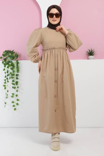 Eteği Düğme Detaylı Elbise TSD220322 Vizon 