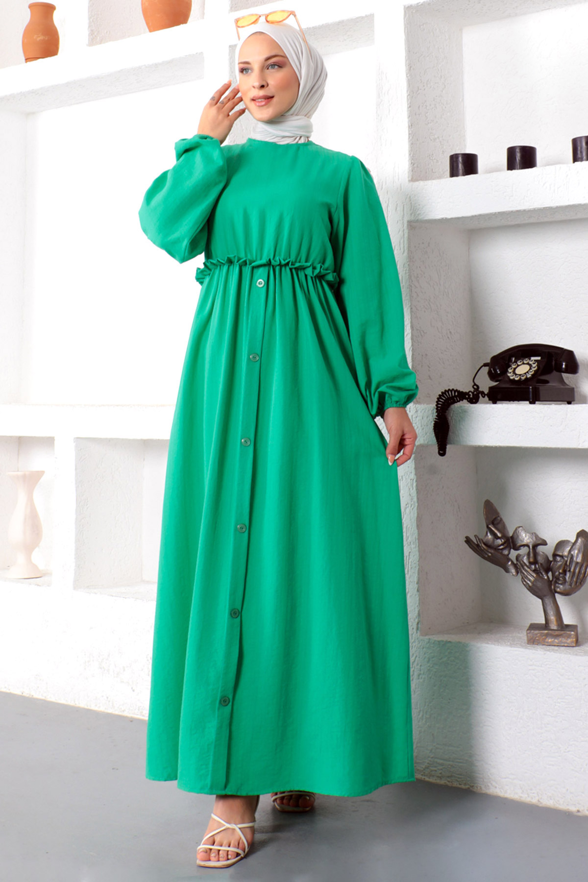 Tesettür Dünyası - Eteği Düğme Detaylı Elbise TSD221206 Yeşil