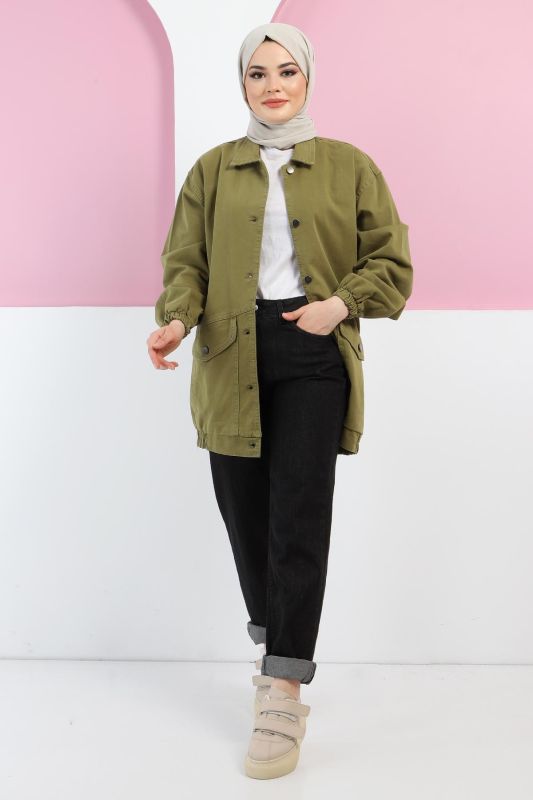Eteği Lastikli Kot Ceket TSD5517 Yeşil - 2