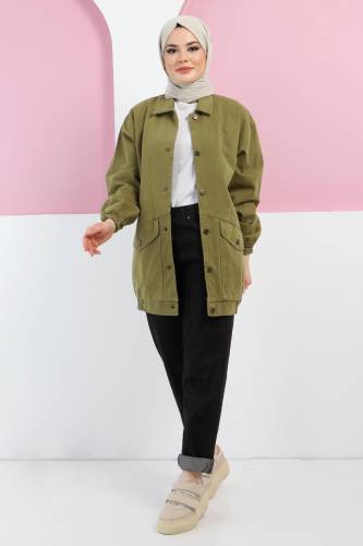 Eteği Lastikli Kot Ceket TSD5517 Yeşil - 3