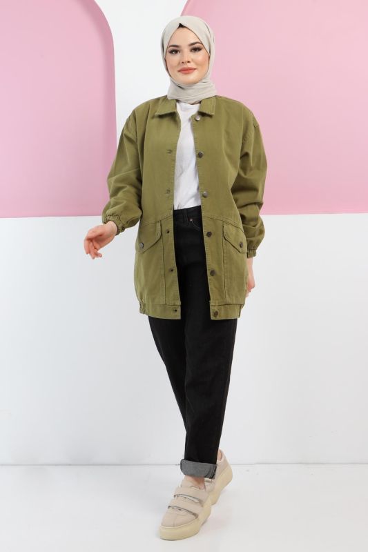 Eteği Lastikli Kot Ceket TSD5517 Yeşil - 3