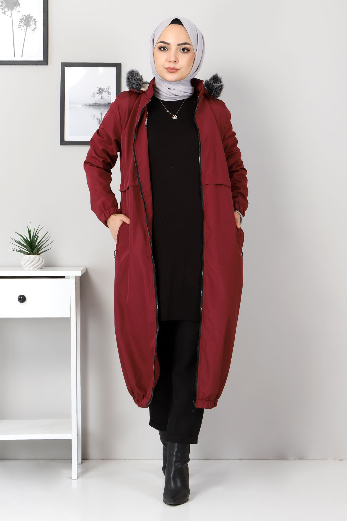 Tesettür Dünyası - Elastic Skirt Coat TSD1939 Claret Red