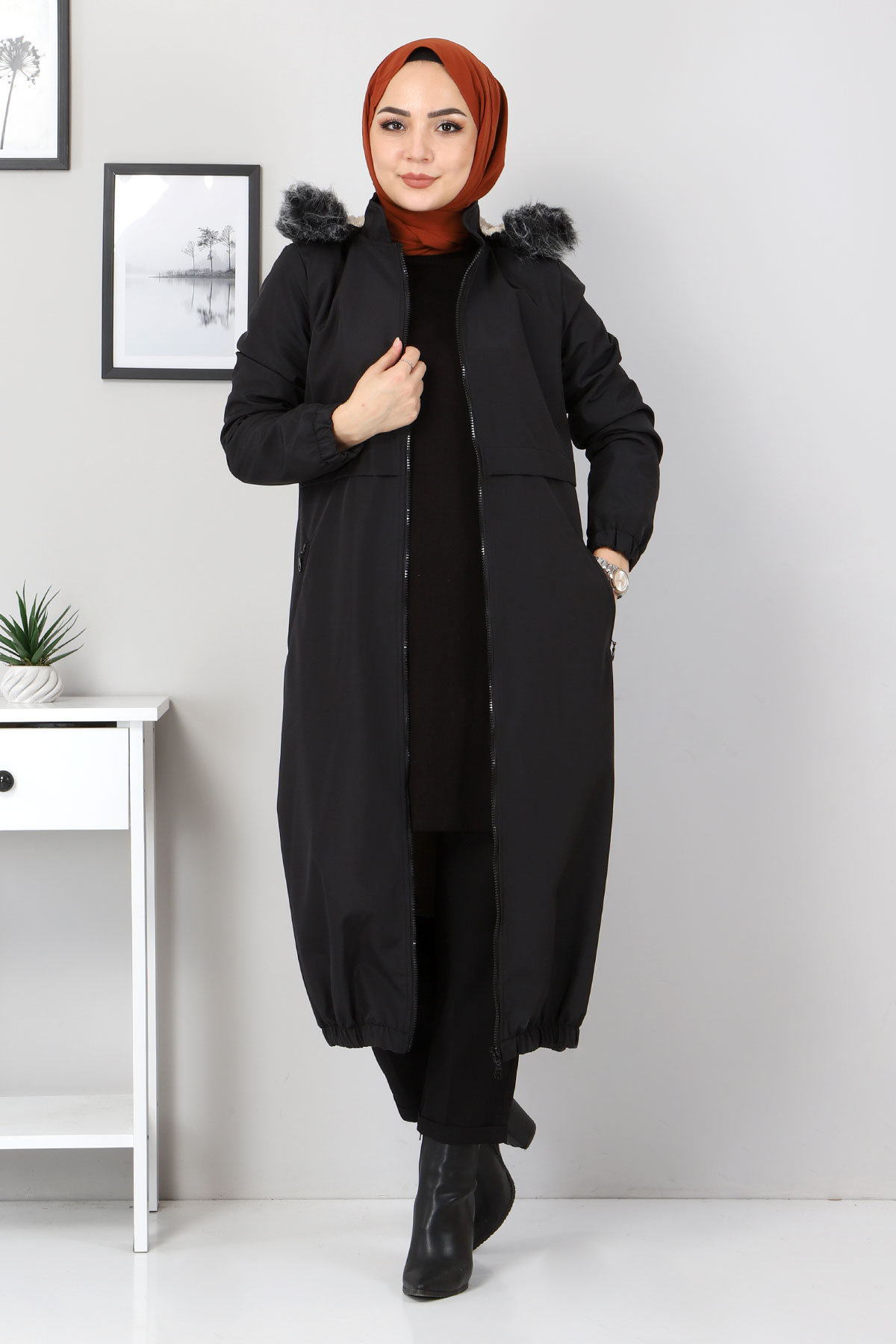 Tesettür Dünyası - Elastic Skirt Coat TSD1939 Black