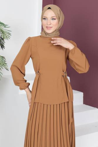 Eteği Pileli Takım TSD230521 Taba - Tesettür Dünyası (1)