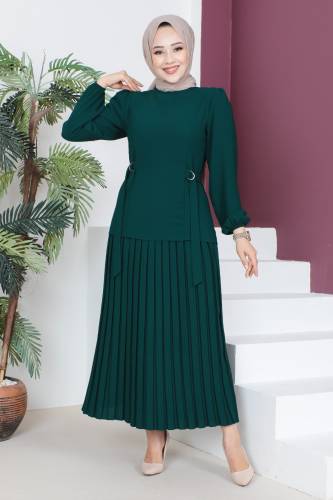 Eteği Pileli Takım TSD230521 Zümrüt Yeşili - Tesettür Dünyası