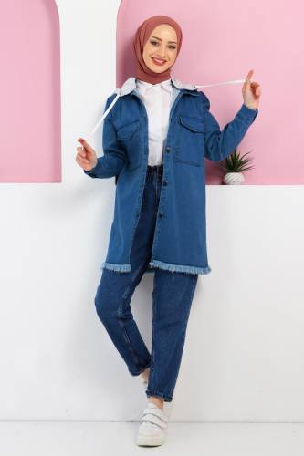 Eteği Püskül Detaylı Kot Ceket TSD220340 Mavi 