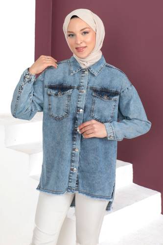 Eteği Püsküllü Kot Ceket TSD230508 Açık Mavi - Tesettür Dünyası