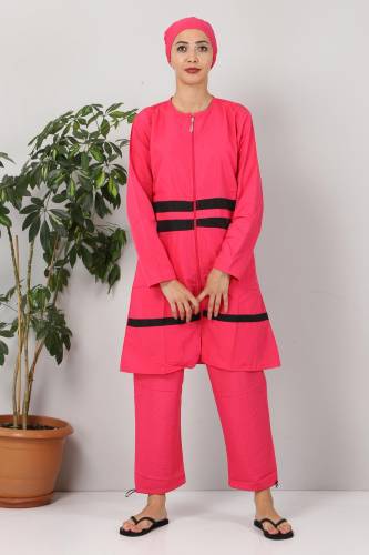 Eteği Şeritli Tesettür Mayo TSD8801 Fuşya - Siyah - 1