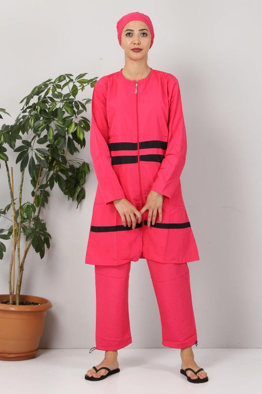 Eteği Şeritli Tesettür Mayo TSD8801 Fuşya - Siyah - Tesettür Dünyası