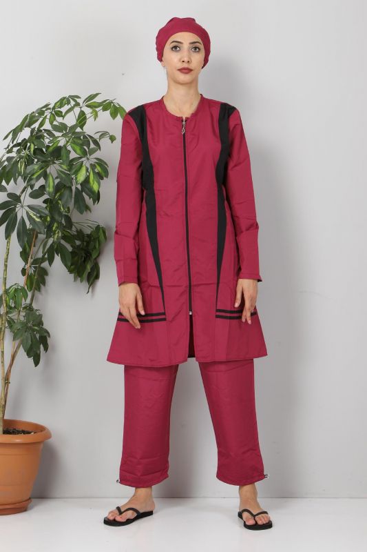 Eteği Şeritli Tesettür Mayo TSD8820 Mürdüm - Tesettür Dünyası