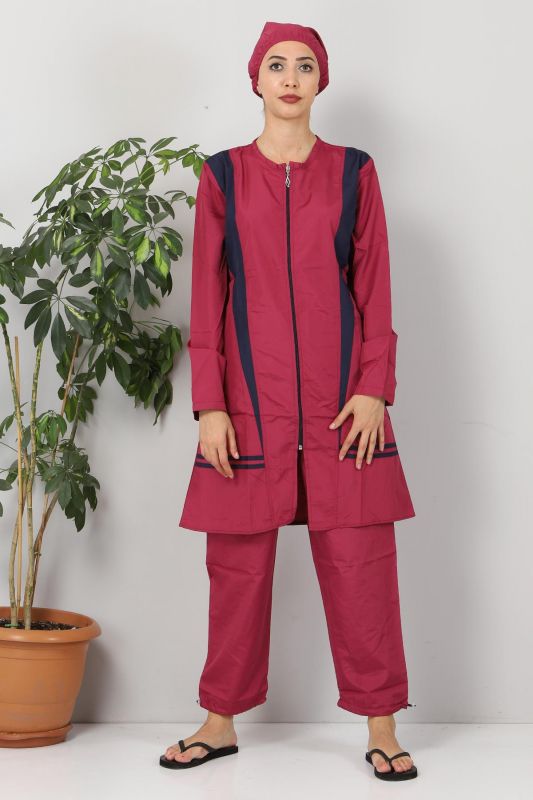 Eteği Şeritli Tesettür Mayo TSD8824 Mürdüm - Tesettür Dünyası