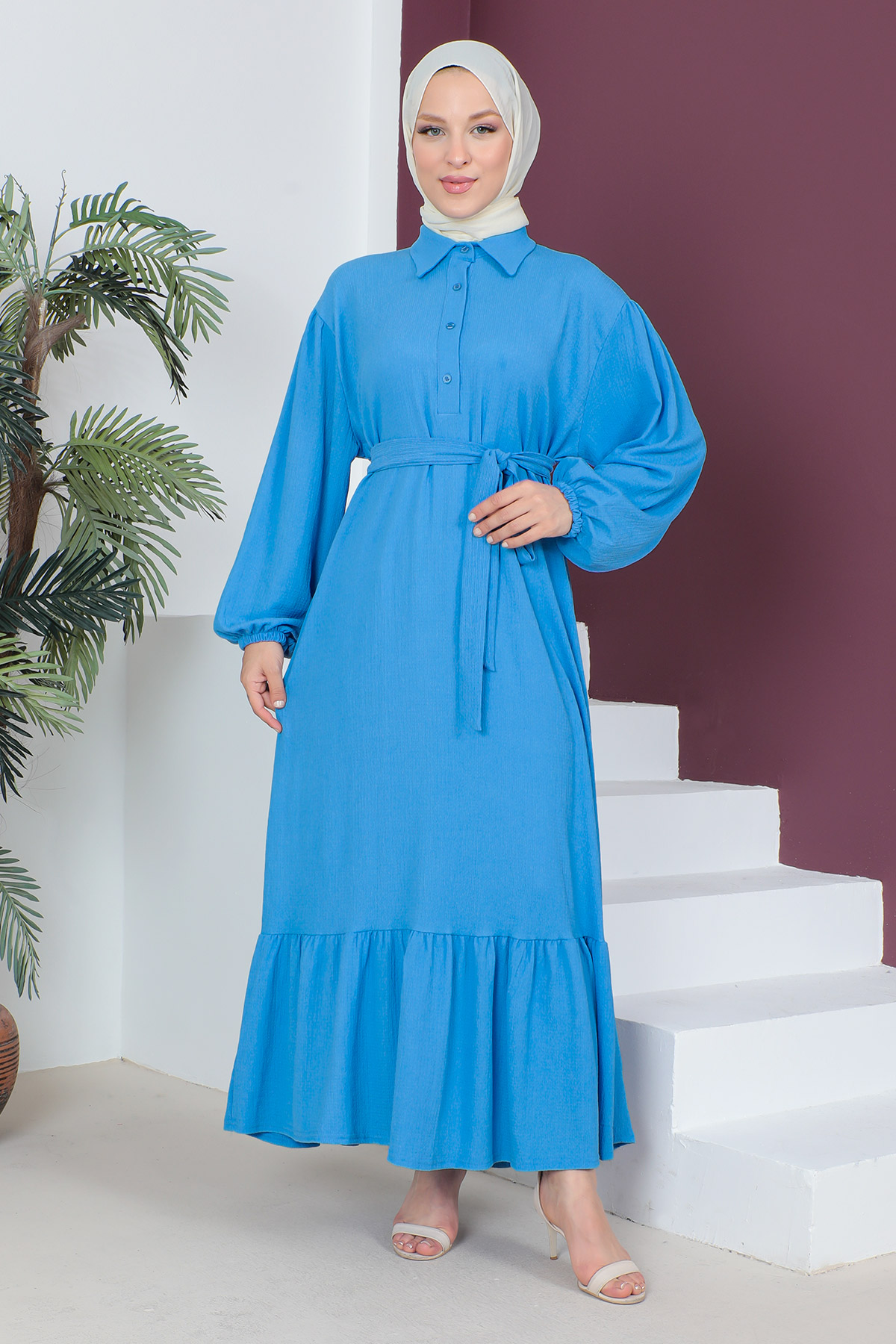 Tesettür Dünyası - Eteği Volanlı Bürümcük Elbise TSD230515 Mavi
