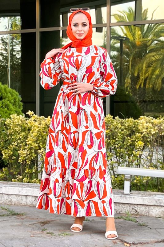 Eteği Volanlı Desenli Elbise TSD220850 Turuncu - 1