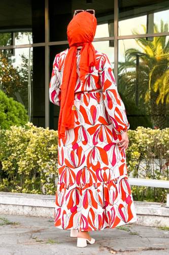 Eteği Volanlı Desenli Elbise TSD220850 Turuncu - 5