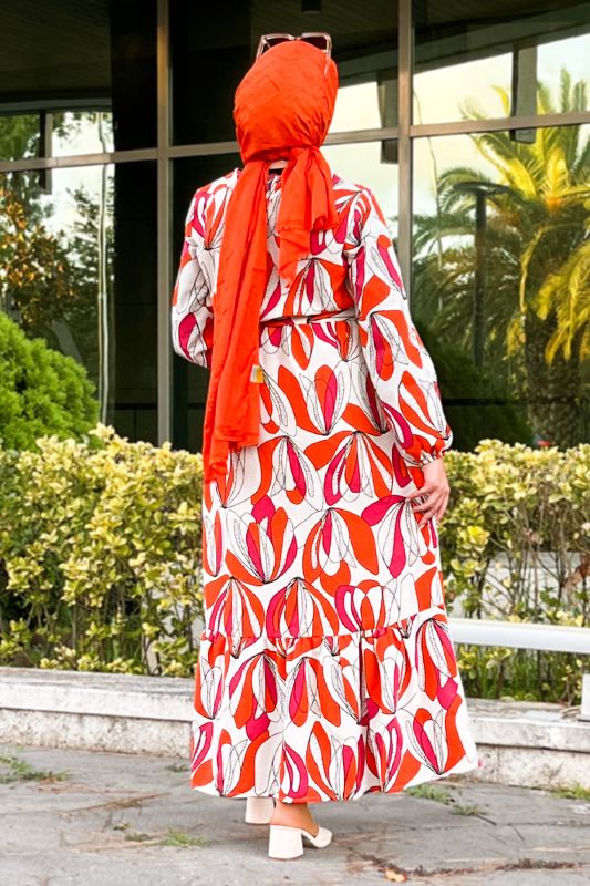 Eteği Volanlı Desenli Elbise TSD220850 Turuncu - 5