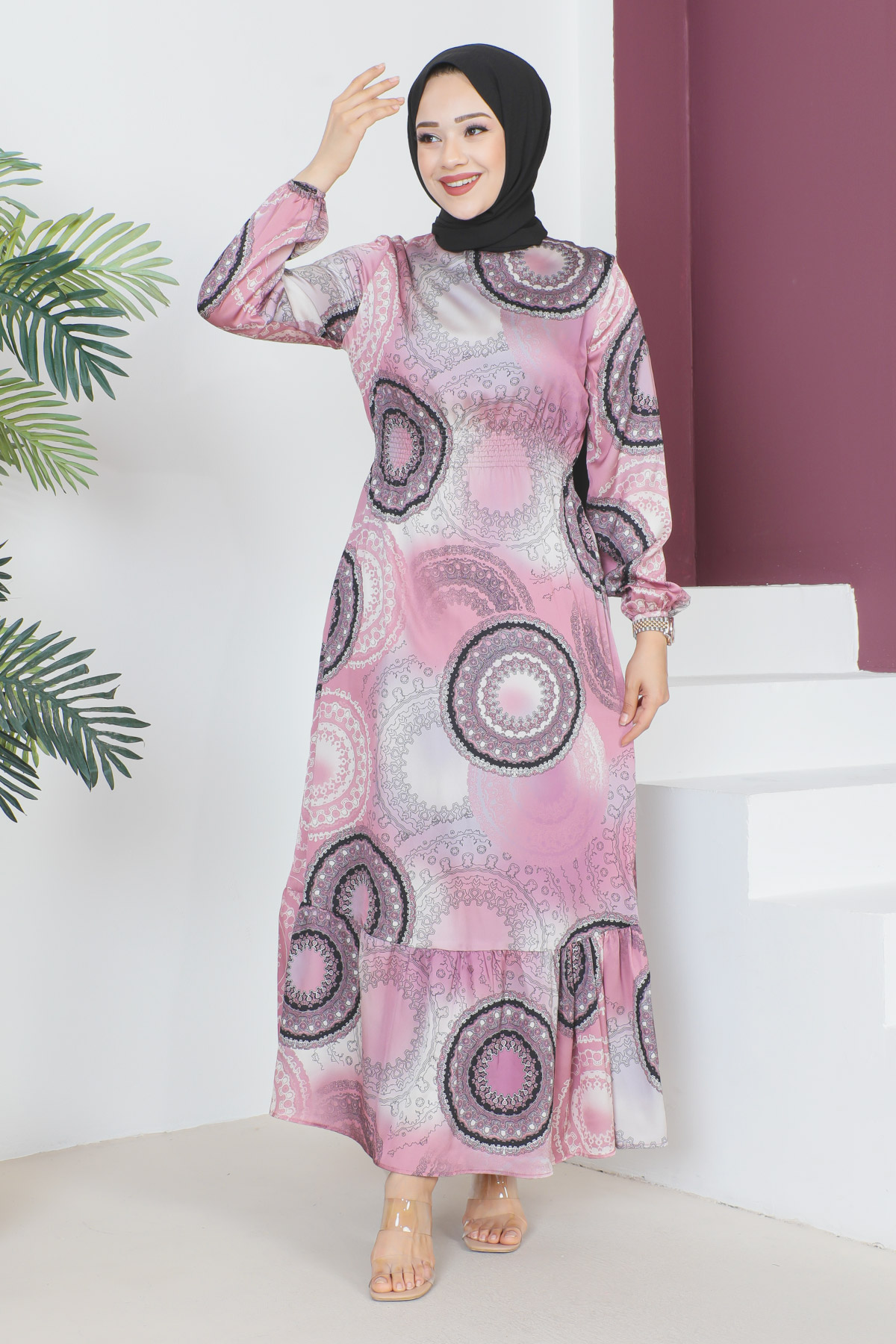 Tesettür Dünyası - Eteği Volanlı Elbise TSD230604 Pembe