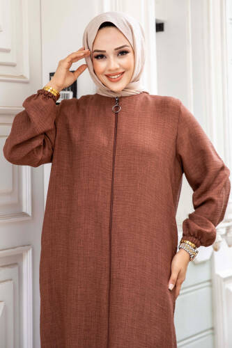 Eteği Volanlı Fermuarlı Tesettür Ferace TSD240517 Kahverengi - Tesettür Dünyası (1)