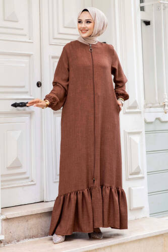 Eteği Volanlı Fermuarlı Tesettür Ferace TSD240517 Kahverengi - Tesettür Dünyası