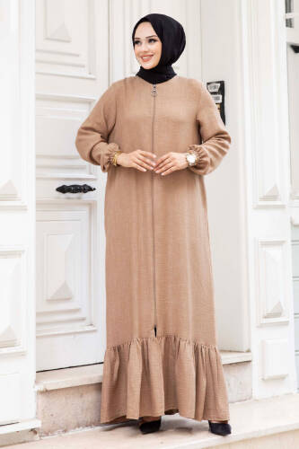 Eteği Volanlı Fermuarlı Tesettür Ferace TSD240517 Vizon - Tesettür Dünyası