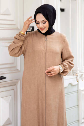 Eteği Volanlı Fermuarlı Tesettür Ferace TSD240517 Vizon - Tesettür Dünyası (1)