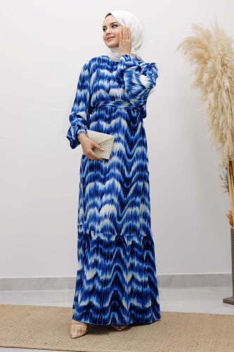 Eteği Volanlı Sulu Boya Desenli Viskon Elbise TSD250234 İndigo - TESETTÜR DÜNYASI