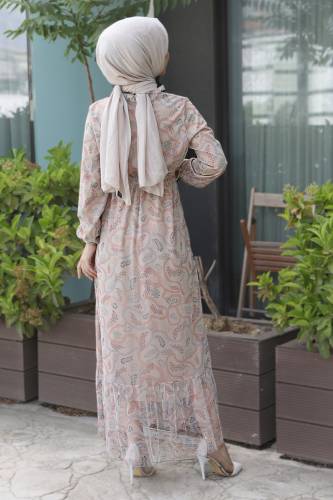 Eteği Volanlı Tül Elbise TSD220527 Bej - 5