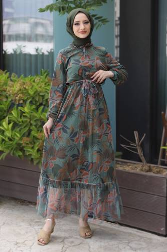 Eteği Volanlı Tül Elbise TSD220527 Çağla Yeşili 