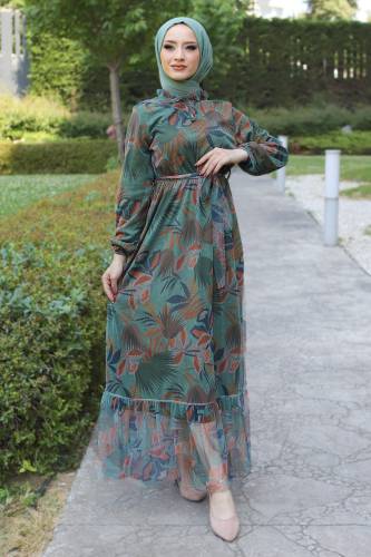 Eteği Volanlı Tül Elbise TSD220527 Haki 