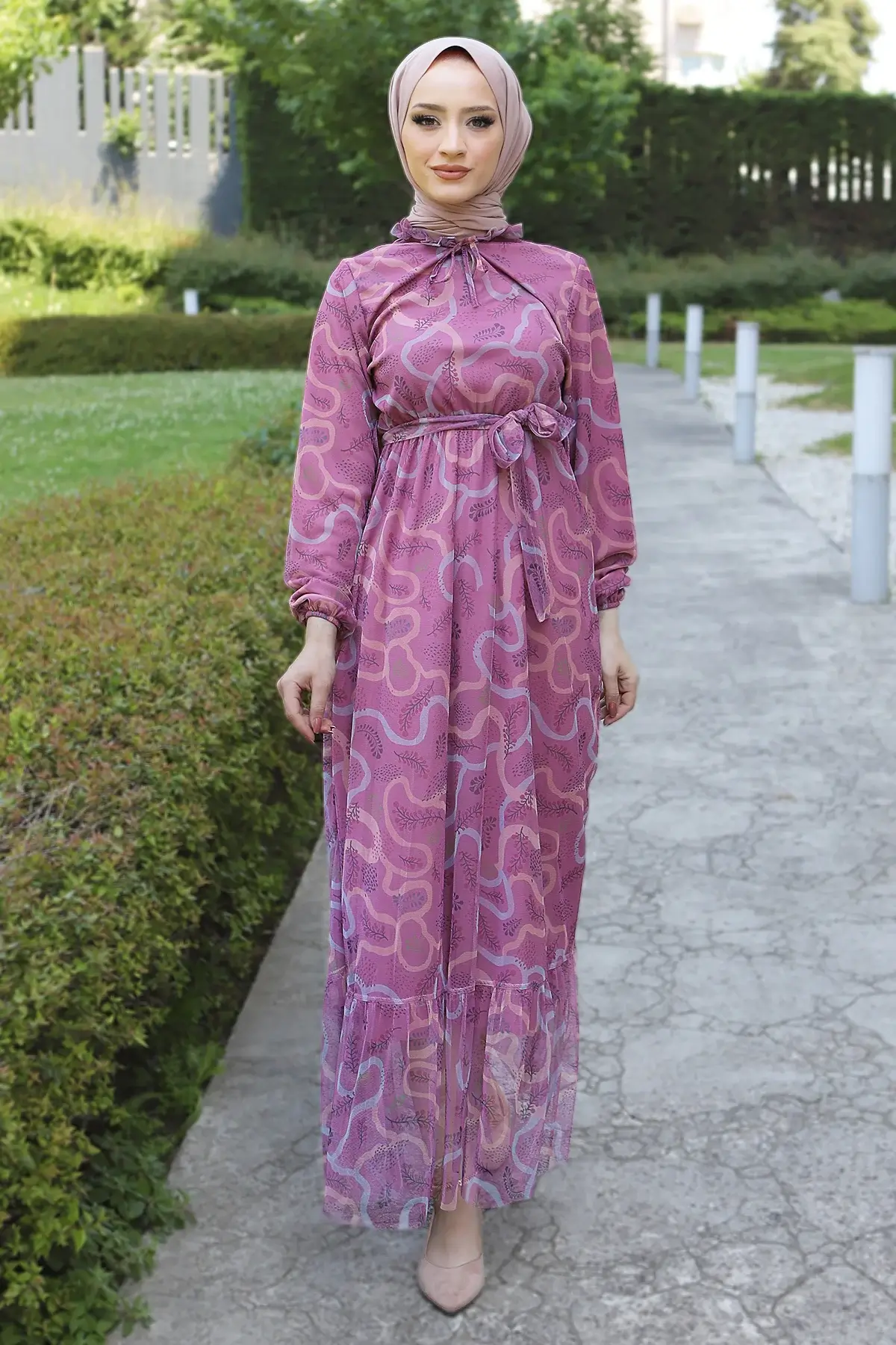 Eteği Volanlı Tül Elbise TSD220527 Lila 