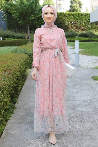 Eteği Volanlı Tül Elbise TSD220527 Pudra 