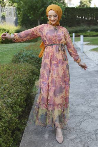 Eteği Volanlı Tül Elbise TSD220527 Sarı 