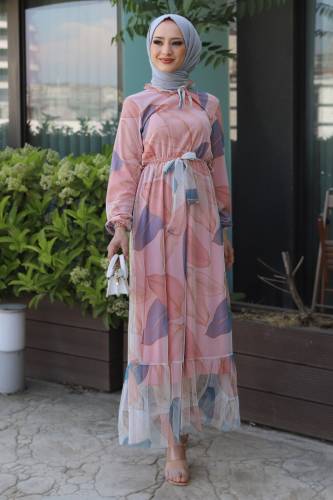 Eteği Volanlı Tül Elbise TSD220527 Somon 