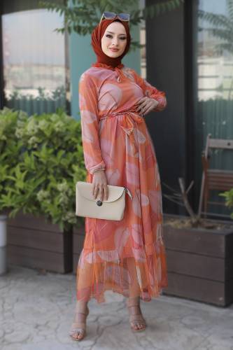 Eteği Volanlı Tül Elbise TSD220527 Turuncu 