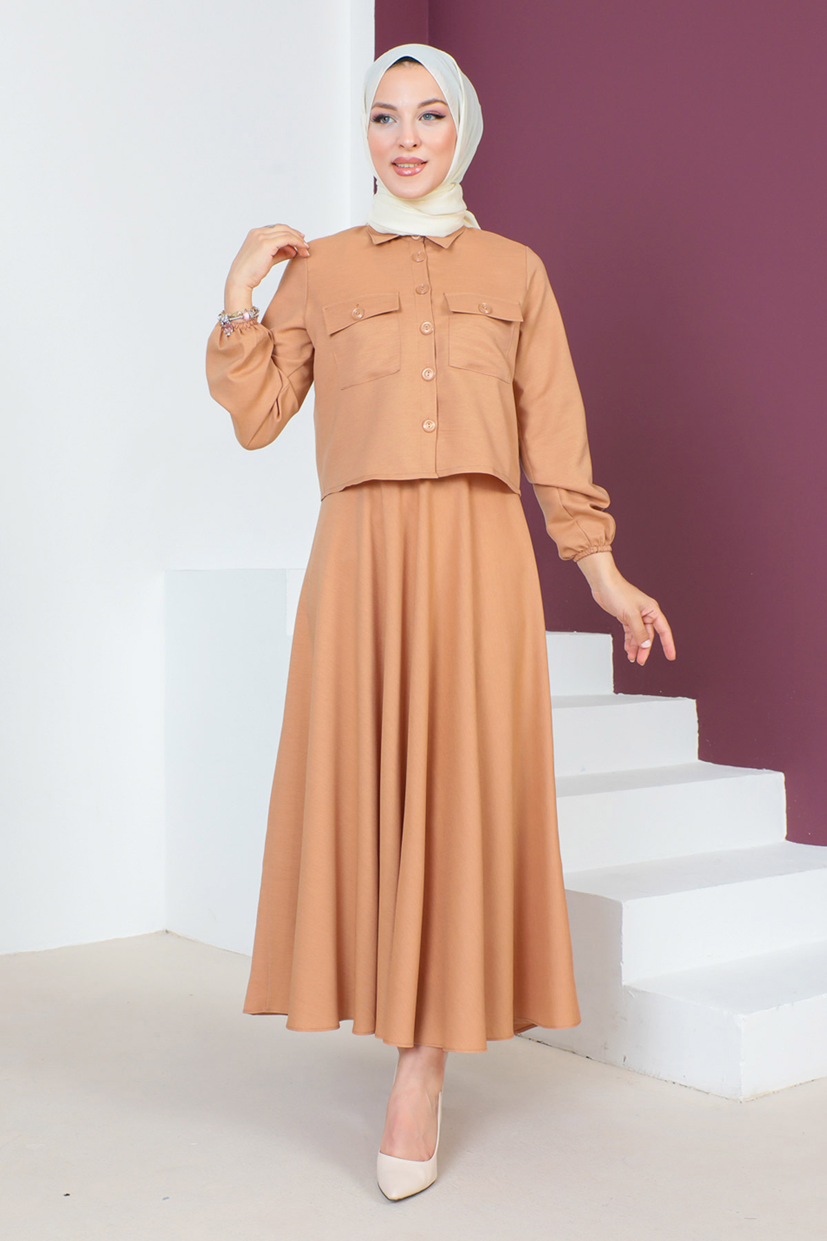 Tesettür Dünyası - Etekli İkili Takım TSD230649 Camel