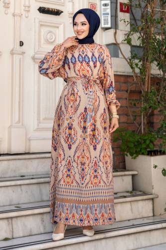 Etnik Desenli Beli Kuşaklı Viskon Elbise TSD240505 Bej - Tesettür Dünyası
