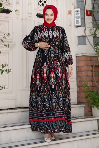 Etnik Desenli Beli Kuşaklı Viskon Elbise TSD240505 Siyah 