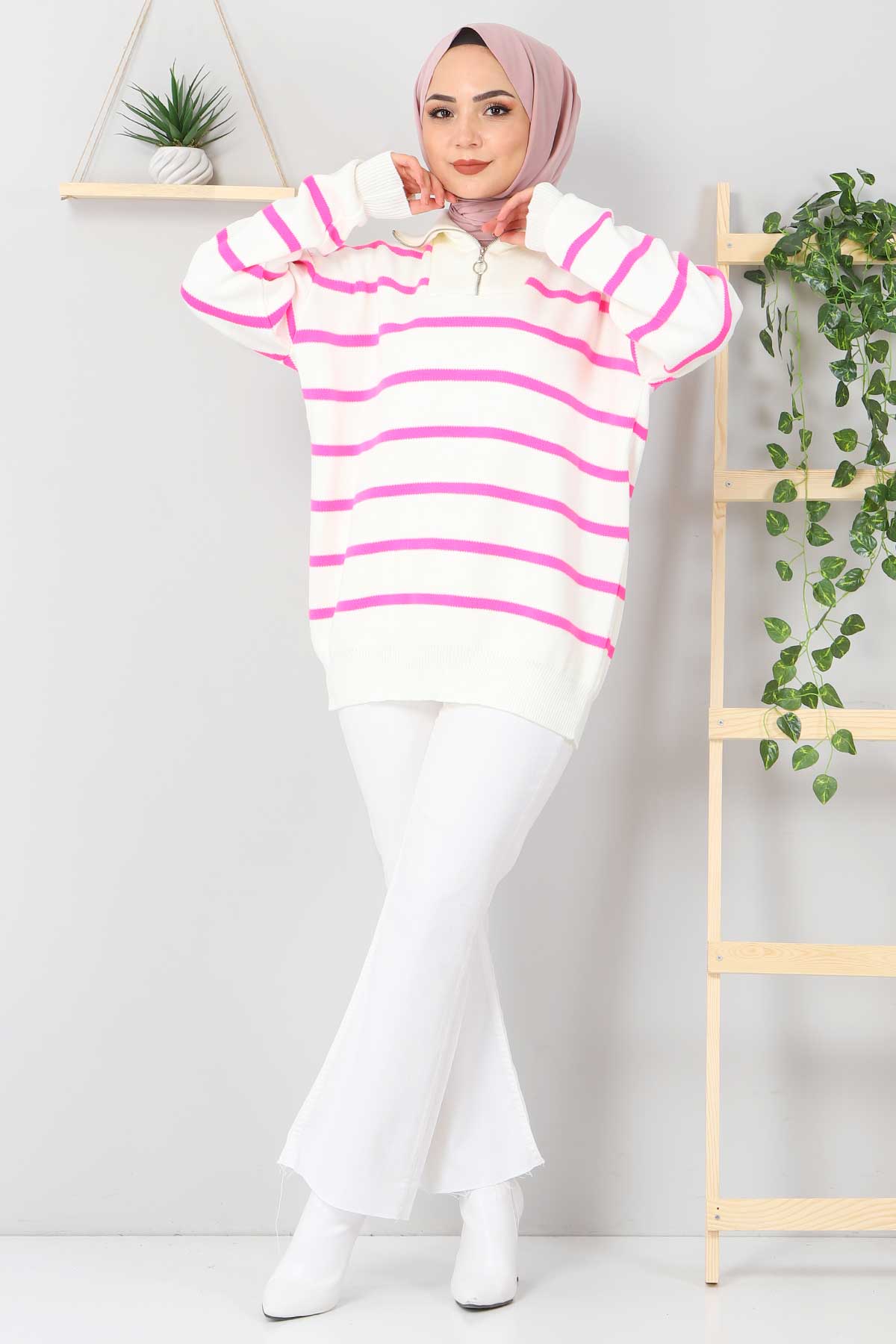 Tesettür Dünyası - Zipper Detailed Striped Knitwear Sweater TSD2489 Pink