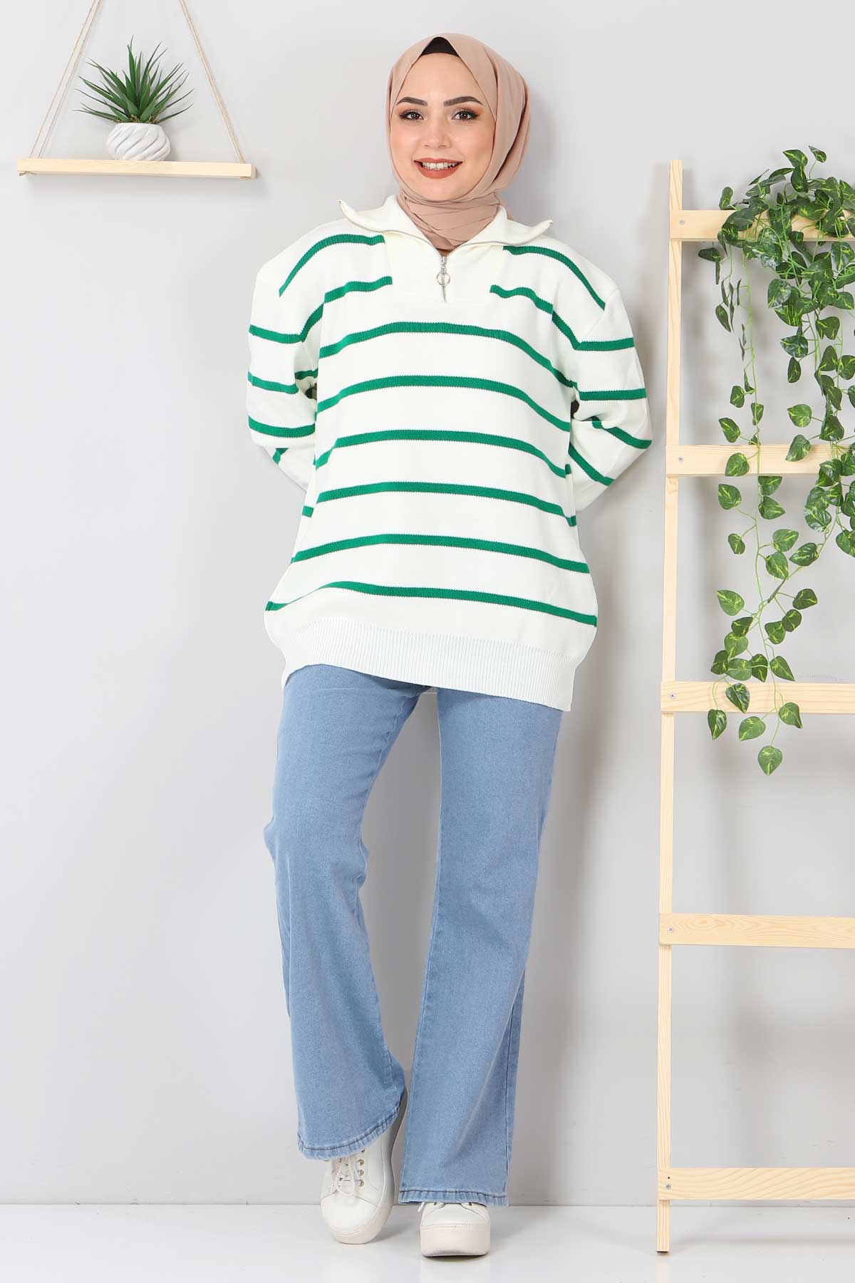 Tesettür Dünyası - Zipper Detailed Striped Knitwear Sweater TSD2489 Green
