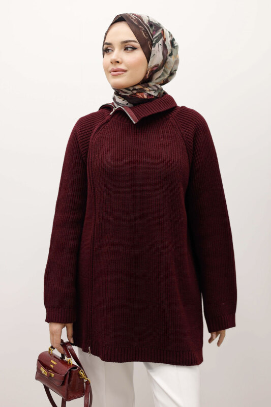 Fermuar Detaylı Triko Tunik TSD250254 Bordo - 1