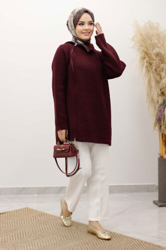 Fermuar Detaylı Triko Tunik TSD250254 Bordo - 5