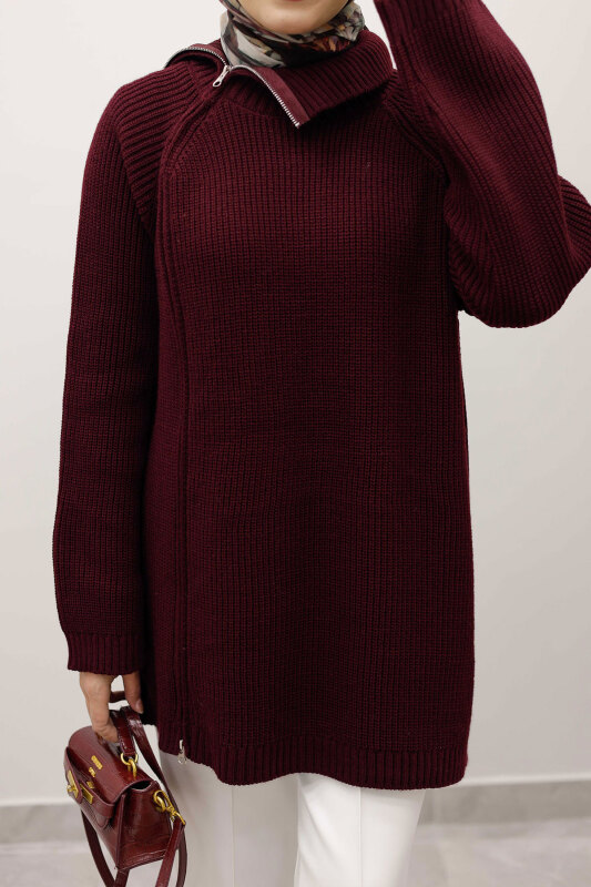 Fermuar Detaylı Triko Tunik TSD250254 Bordo - 4