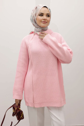 Fermuar Detaylı Triko Tunik TSD250254 Pembe - TESETTÜR DÜNYASI