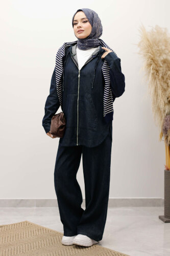 Fermuarlı Kapüşonlu Kot Takım TSD250250 Koyu Mavi - TESETTÜR DÜNYASI