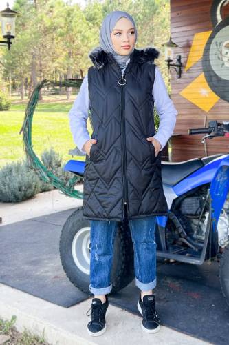 Fermuarlı Kapitone Yelek TSD220911 Siyah - Tesettür Dünyası